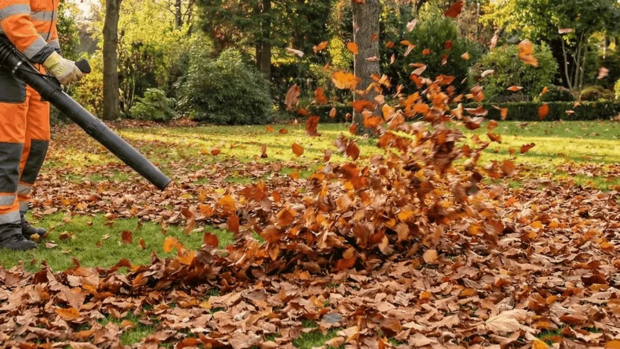 Laub wird mit dem Laubbläser zusammengeblasen